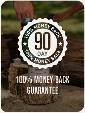 90 Day stamp with wording below "100% Money-Back Guarantee". In the background is an image of a log and an ax.